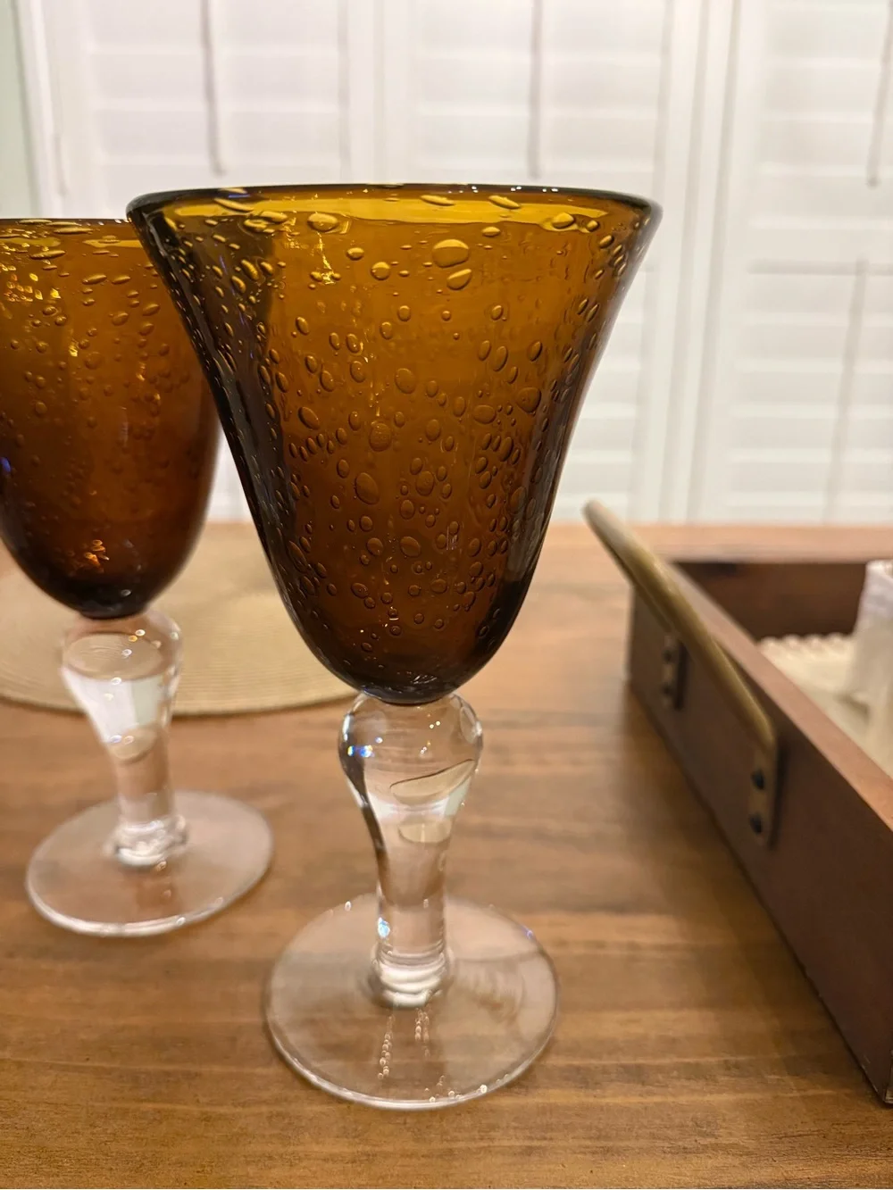 Amber  Goblet Bubble Seeded Hand Blown Glass- (Set of 4) 8”